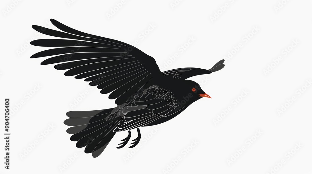 Fototapeta premium Black bird flying on white background.