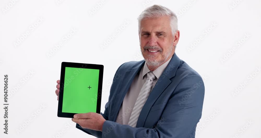 Businessman, face and green screen on tablet in studio for corporate communication, advertising and display. Mature, manager and white background with tracking marker and mockup for application. Businessman, face and green screen on tablet in studio for corporate communication, advertising and display. Mature, manager and white background with tracking marker and mockup for application.