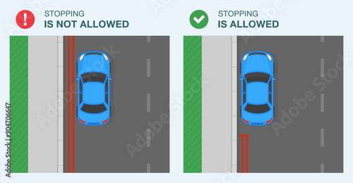 Safe driving tips and traffic regulation rules. Legal and illegal stopping. Top view of  car stopped on a double red line road. "Red route" sign area. Flat vector illustration template.