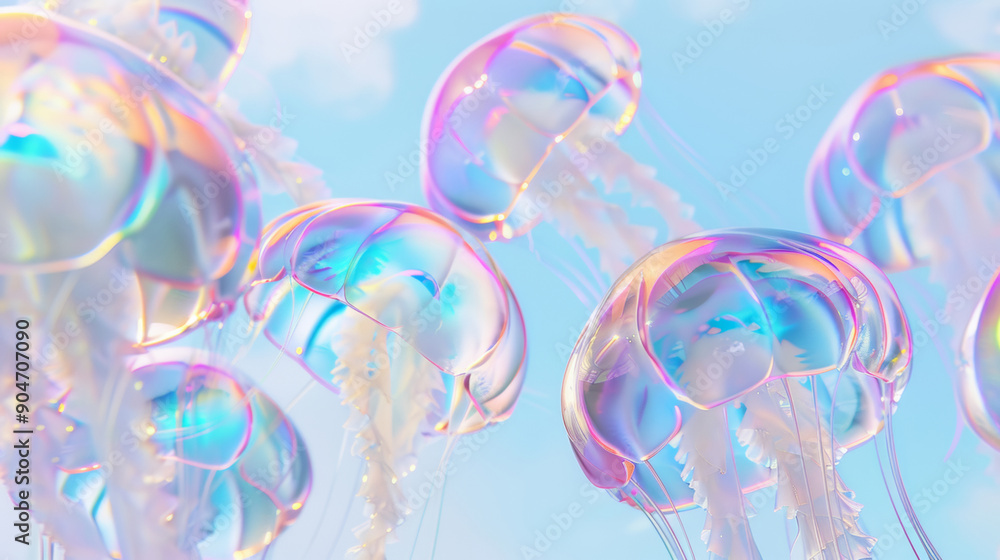 Obraz premium 3D colorful glass textured jellyfishes floating in the air with futuristic pop style fashion dreamy background