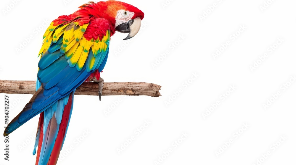 Fototapeta premium Parrot with multicolored feathers on a branch, isolated clean background, generous text space, vibrant and engaging design