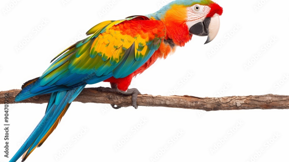 Fototapeta premium Parrot with multicolored feathers on a branch, isolated clean background, generous text space, vibrant and engaging design