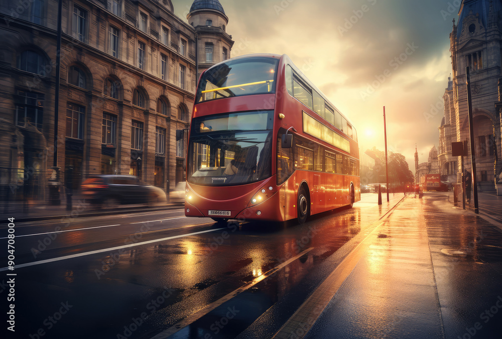 Obraz premium Iconic Red Bus in Rainy Dusk Cityscape