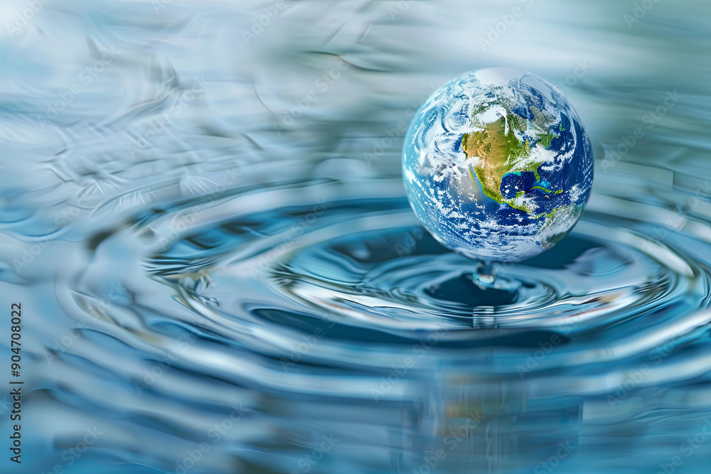 World Water Day concept. Globe in a clean water drop with blue water ripples, environment and ecology theme World Water Day concept. Globe in a clean water drop with blue water ripples, environment and ecology theme