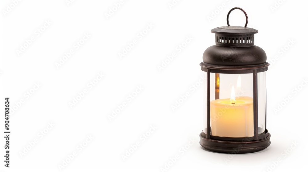Rustic lantern with a glowing candle, isolated on a white background, ample copy space on the right Rustic lantern with a glowing candle, isolated on a white background, ample copy space on the right