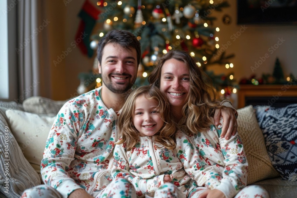 A cheerful family in festive pajamas smiles together in front of a beautifully decorated Christmas tree, creating warm holiday memories. A cheerful family in festive pajamas smiles together in front of a beautifully decorated Christmas tree, creating warm holiday memories.