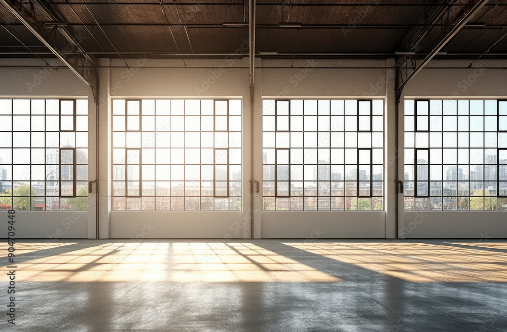 Fototapeta premium Sunlit Industrial Loft Interior with Large Windows