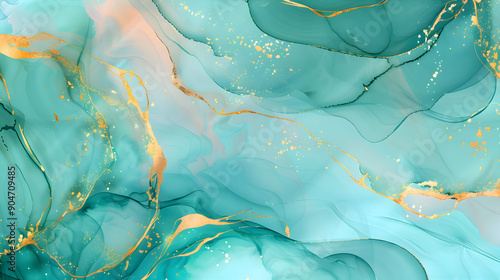 teal turquoise blue violet marble effect luxury abstract brush golden glitter lines watercolor background design.generative ai