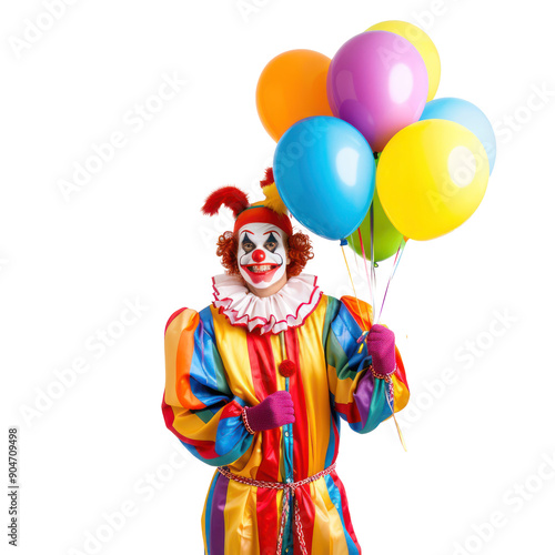 Friendly smiling person in clown costume holding a bunch of balloons front view isolate on transparency background