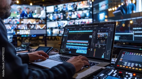 A media professional edits video content using advanced software in a modern broadcast studio environment.