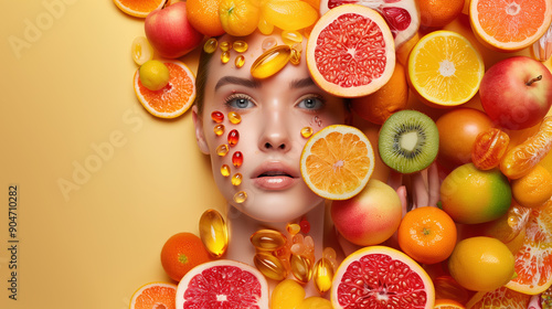 Healthy Glowing Skin Featuring Digestive Enzymes Extract with a Selection of Luxury Enzyme Supplements and Fresh Fruits photo