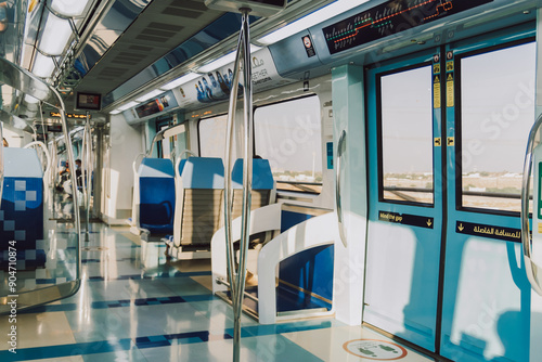 Dubai, UAE - October 6, 2020: RTA Dubai public metro interior of train with empty seats and navigation photo