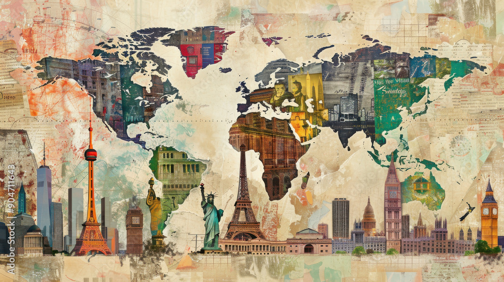 Naklejka premium Vibrant collage of famous landmarks from around the world, set against a vintage travel map background