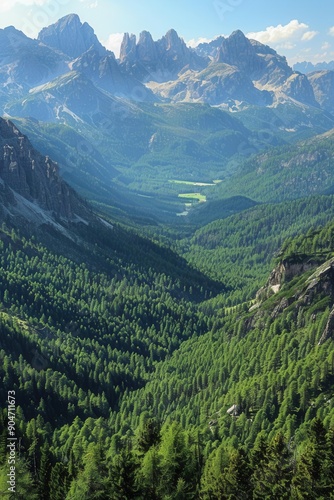 Majestic bird's-eye view of the Dolomites, jagged peaks, forested valleys, ample space for copy