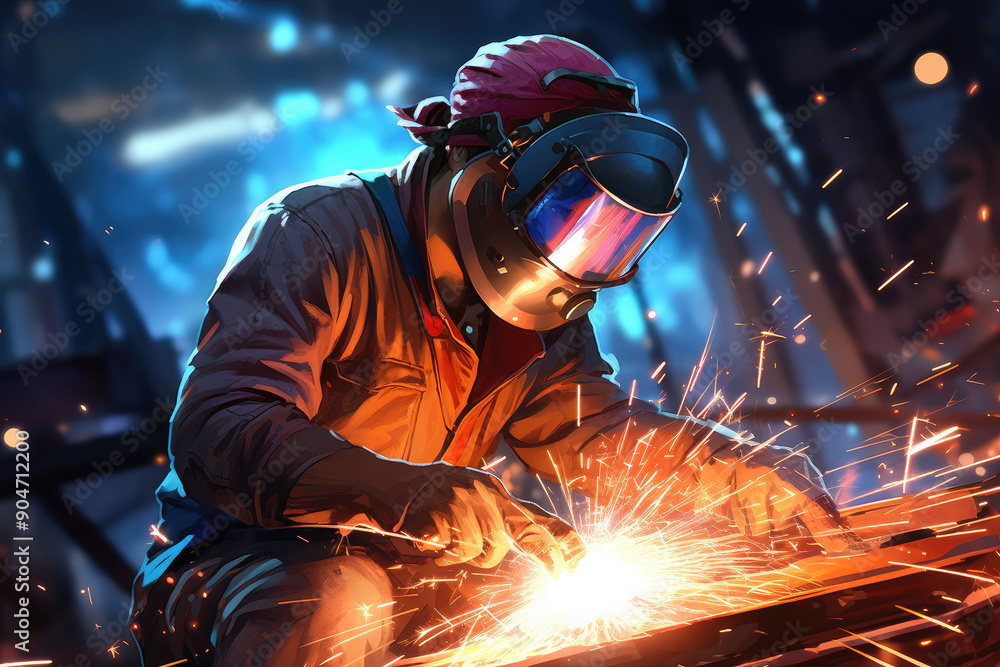 Intense Welder at Work in Industrial Setting Intense Welder at Work in Industrial Setting