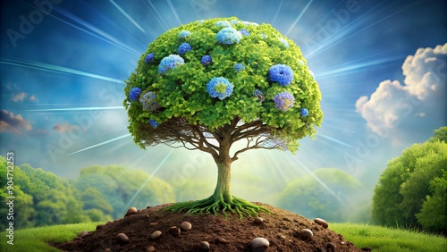 A radiant tree of life blooming with vibrant flowers and leaves, symbolizing growth, harmony, and the beauty of nature's flourishing cycles.