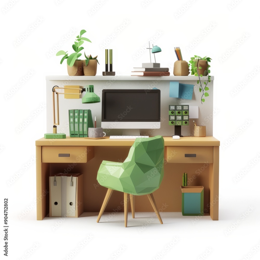 Fototapeta premium 3D Render, Low Poly style of Home Office, on isolated white background, Generative AI