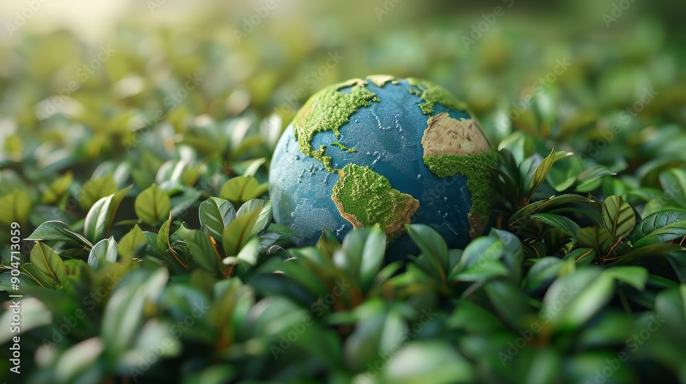 Cartoon 3D Earth surrounded by green leaves, symbolizing the connection between nature and ESG. Isolated white background