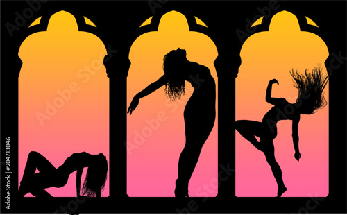 baile, danza, silueta, bailarina, danza ritmica, silueta, deporte, ballet, vector, ballet, movimiento, ventanal, contraluz