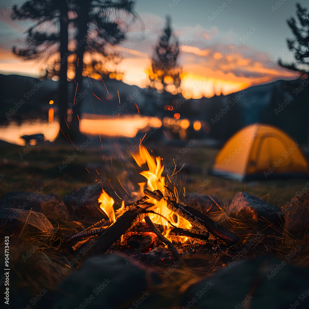 Campfire with a tent in the background Campfire with a tent in the background
