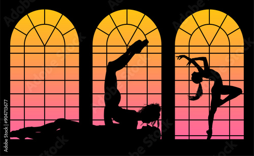 baile, danza, silueta, bailarina, danza ritmica, silueta, deporte, ballet, vector, ballet, movimiento, ventanal, contraluz