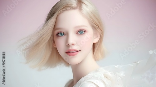 a European female model with blonde hair and blue eyes, wearing minimalistic white, The isolated background