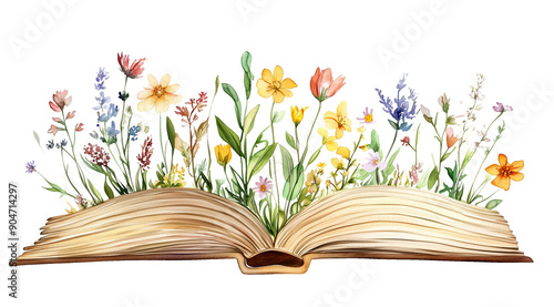 Open book with wildflowers growing from pages, colorful botanical illustration in watercolor, whimsical spring meadow, blooming knowledge concept, detailed floral art, isolated PNG on transparent BG