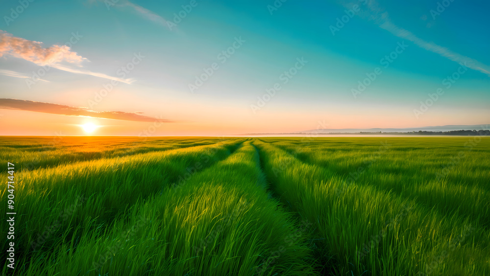 Fototapeta premium Idyllic meadow panorama. Rolling Green Hills at Sunset: Serene Rural Landscape Panorama Perfect for Business, Greeting Cards, Poster, Flyer, Banner, Background, Wallpaper, Advertising, Promotion