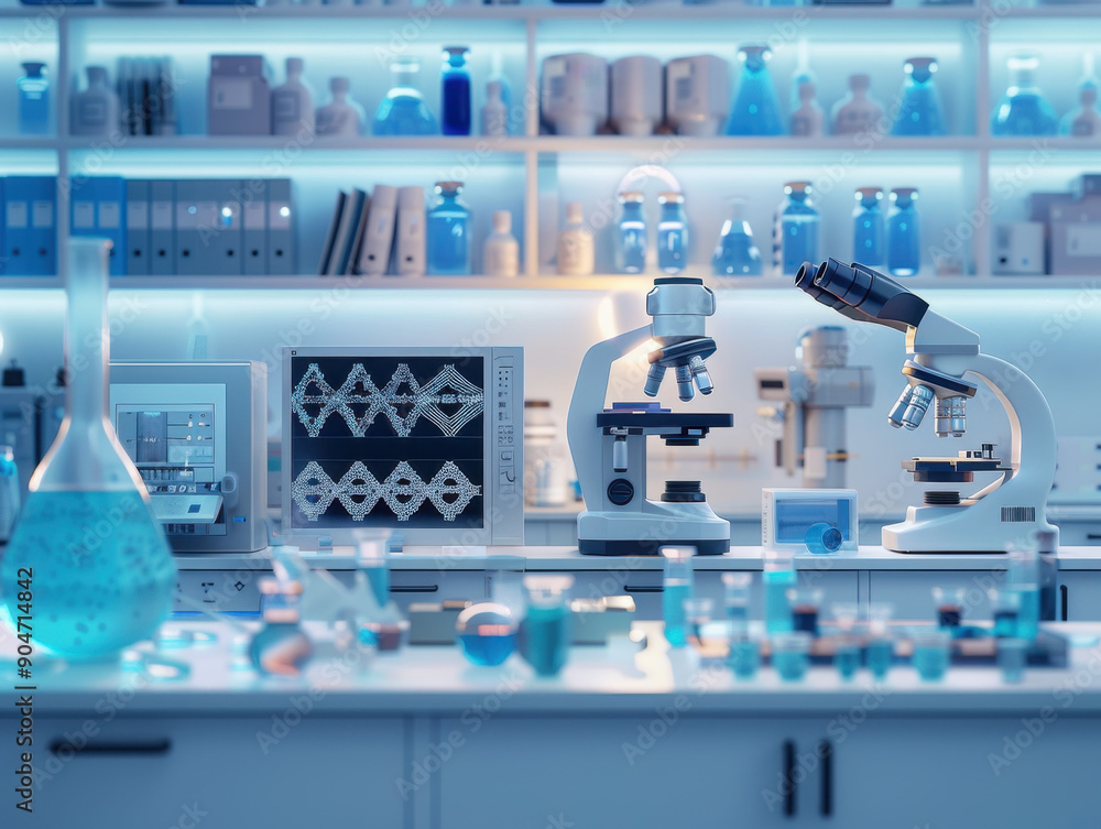 Modern laboratory setup featuring advanced microscopes, beakers, and colorful chemical solutions on a bright, organized workspace. Modern laboratory setup featuring advanced microscopes, beakers, and colorful chemical solutions on a bright, organized workspace.