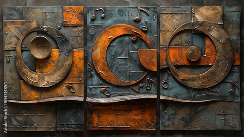 Three-Panel Abstract Wall Art Featuring Modern and Industrial Design Elements, with Colors Orange, Blue, and Gray, Including Spirals, Musical Notes, and Abstract Shapes
