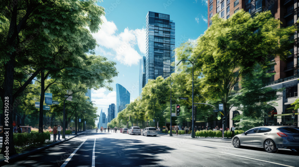 Modern Urban Street with Spring Greenery Modern Urban Street with Spring Greenery