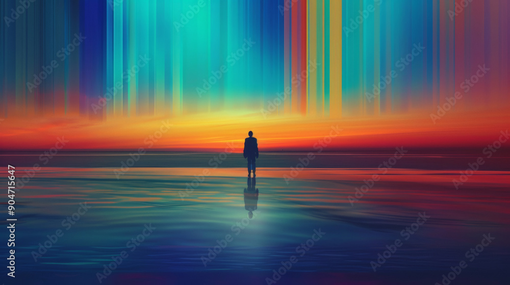 3D digital landscape with a person walking on the horizon with rainbow colored gradient digital light stripes futuristic dreamy fantasy aurora technology background 3D digital landscape with a person walking on the horizon with rainbow colored gradient digital light stripes futuristic dreamy fantasy aurora technology background