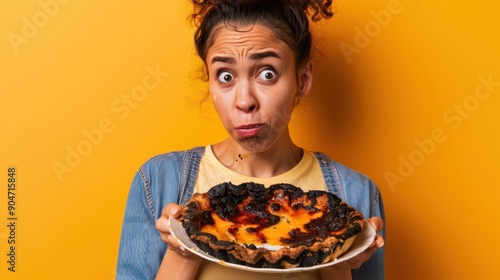 Kitchen Disaster - Woman Holding Burnt Pie with Look of Disbelief and Frustration in Yellow Background Contrast photo