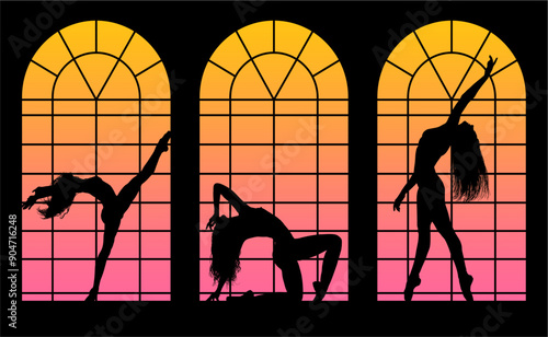 baile, danza, silueta, bailarina, danza ritmica, silueta, deporte, ballet, vector, ballet, movimiento, ventanal, contraluz