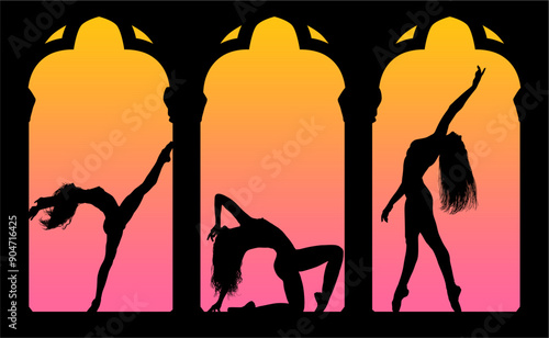 baile, danza, silueta, bailarina, danza ritmica, silueta, deporte, ballet, vector, ballet, movimiento, ventanal, contraluz