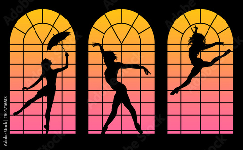 baile, danza, silueta, bailarina, danza ritmica, silueta, deporte, ballet, vector, ballet, movimiento, ventanal, contraluz