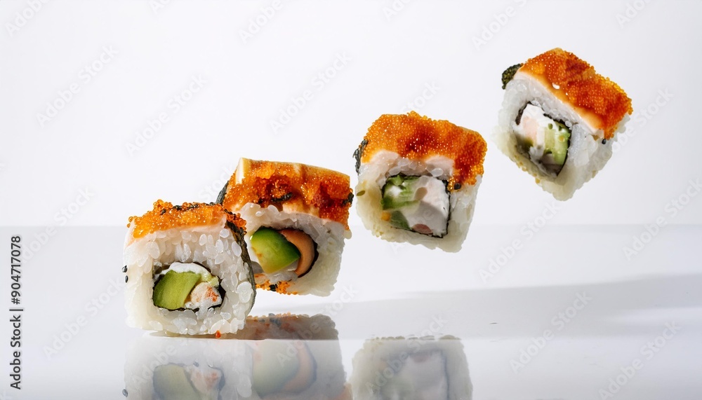 floating sushi roll with white background. isolated. floating sushi roll with white background. isolated.