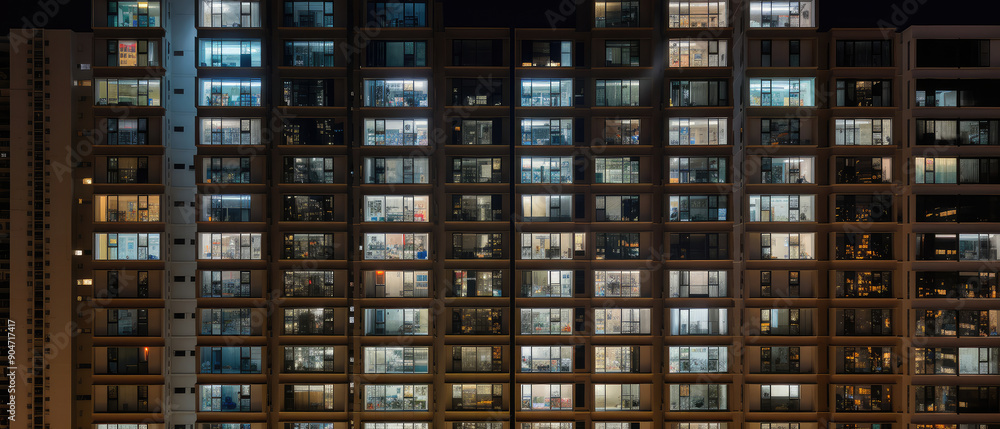 Urban Nightscape: Illuminated Apartment Building Facade Urban Nightscape: Illuminated Apartment Building Facade
