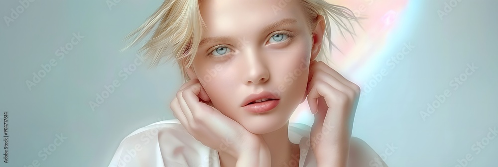 a European female model with blonde hair and blue eyes, wearing minimalistic white, The isolated background a European female model with blonde hair and blue eyes, wearing minimalistic white, The isolated background