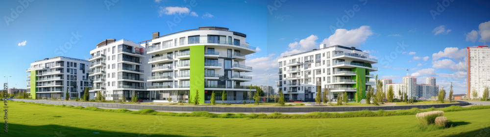Modern Apartment Complex in Sunny Suburban Landscape Modern Apartment Complex in Sunny Suburban Landscape