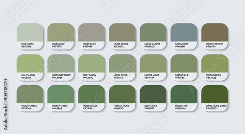 Moss Color Palette, Moss Color Code Guide Palette with Color Names, Catalog Samples dung green with RGB HEX codes. Green Colors Palette Vector. Plastic, Paints, Moss Green Trending Color book