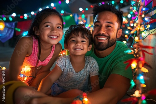 16. A family decorating their home with flags, banners, and lights in preparation for a national holiday photo