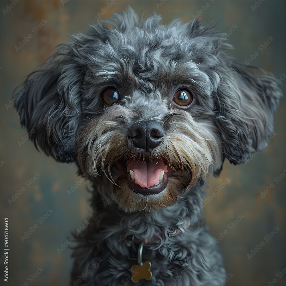 Happy gray poodle mix with a joyful expression and soft, curly fur. Happy gray poodle mix with a joyful expression and soft, curly fur.