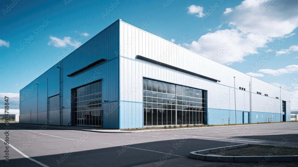 Obraz premium Modern Industrial Warehouse Under Clear Blue Sky