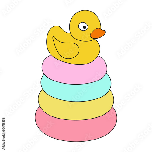 Сhildren's toy – pyramid of blue, yellow and pink plastic rings with a duck on top. Vector illustration on transparent background. Baby items doodle. Baby items vector sketch for web design.