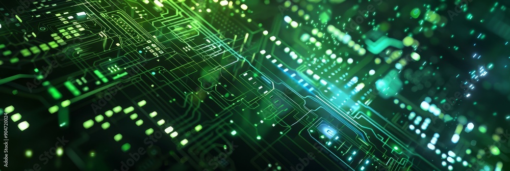 Futuristic circuit board with green digital technology pattern for an innovative design concept Futuristic circuit board with green digital technology pattern for an innovative design concept