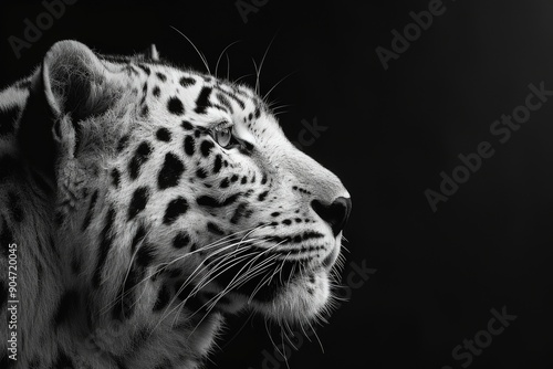 A striking black and white portrait of a leopard showcasing its majestic features and intricate patterns against a dark background.