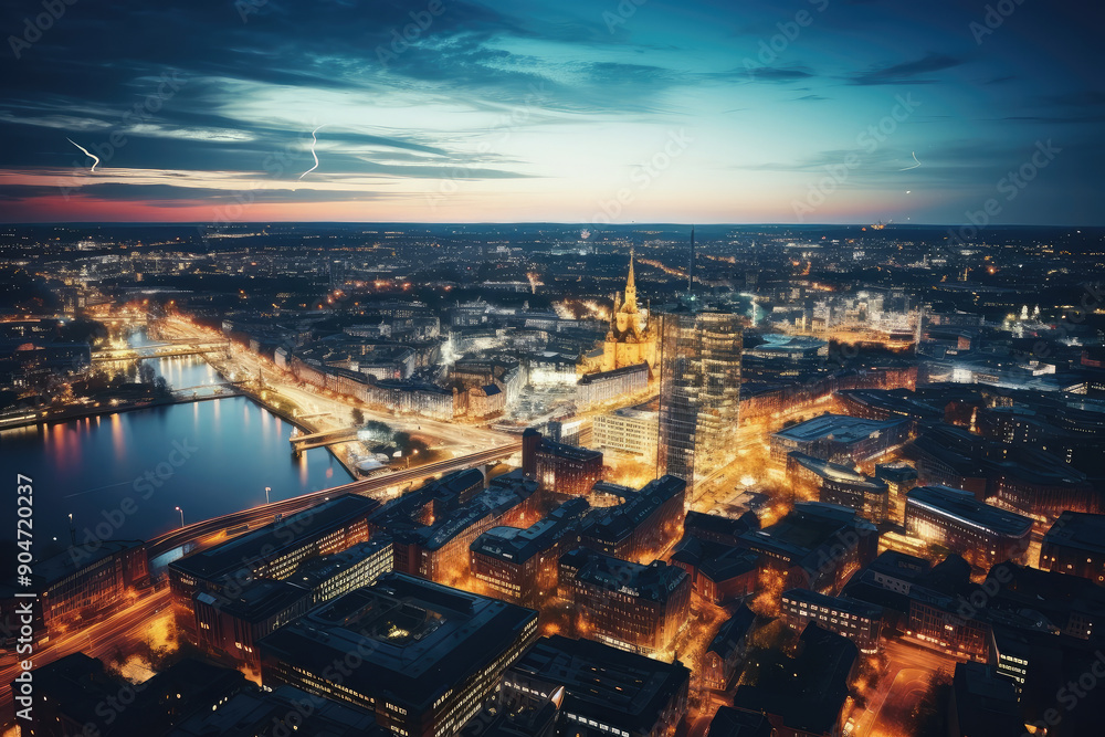 Fototapeta premium Enigmatic Twilight: Aerial Cityscape at Dusk