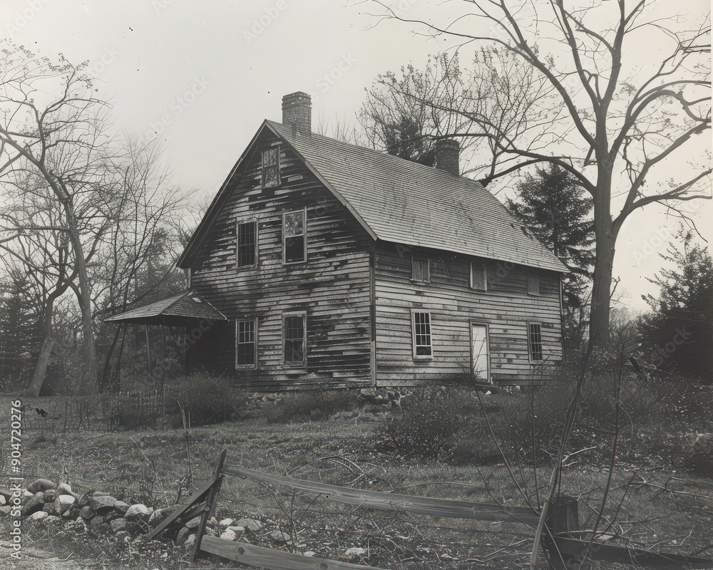 Obraz premium A vintage black and white photo of an aged, weathered house surrounded by nature, showcasing rustic architecture and charm.