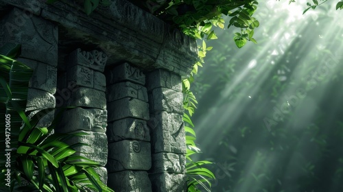 Ancient temple ruins engulfed by a dense jungle, with intricate carvings and overgrown vines, sunlight filtering through the thick canopy